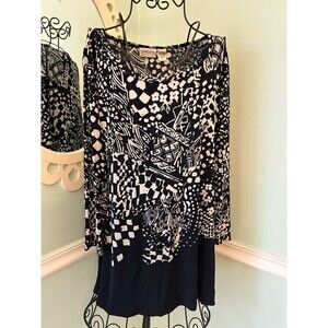 Chicos Travelers Womens Top Size 1 Navy  Floral 3/4 Sleeve Slinky Knit‎ Medium